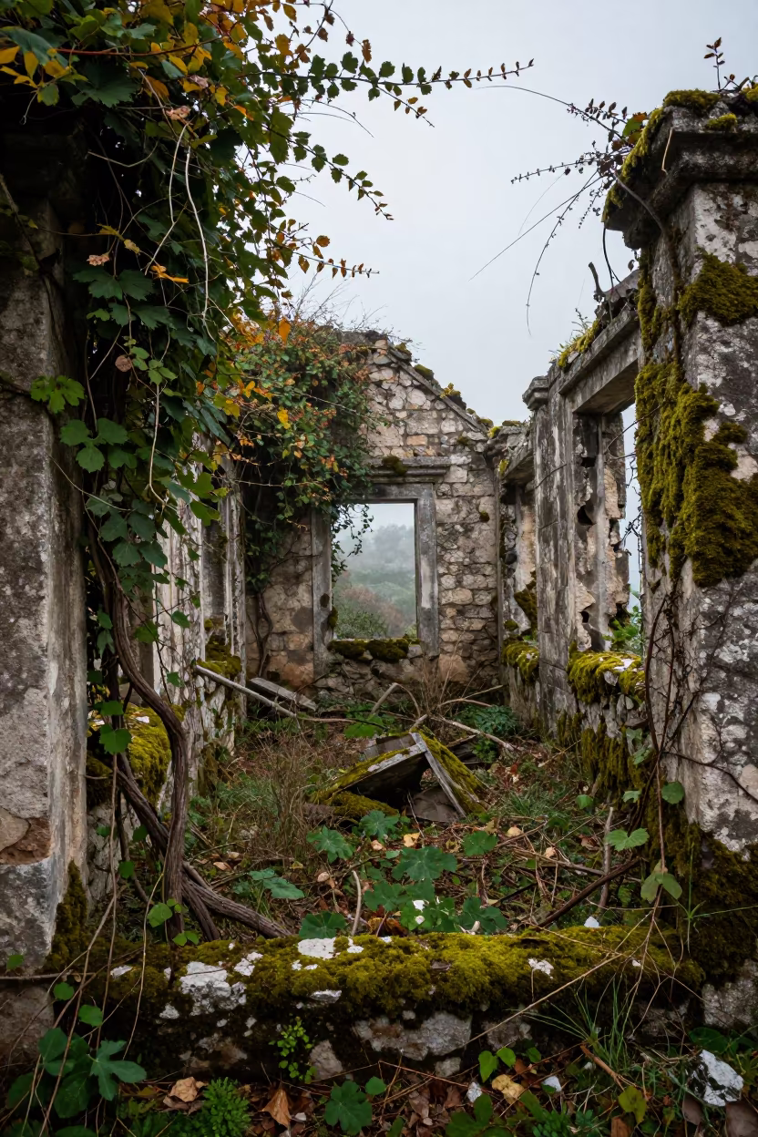Moss-Covered Garden Folly Dalmatian Coast Ruin in along a vine-choked corridor in the Dalmatian Coast