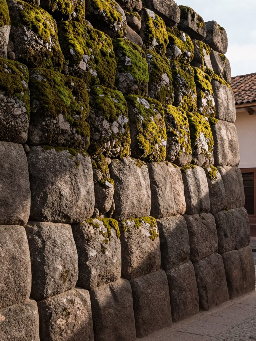 Moss covered Inca stone wall in Cusco Peru late afternoon street scene in in Cusco, Peru