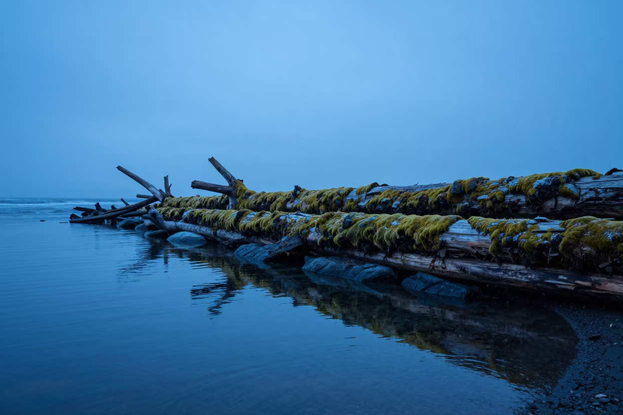 Moss Covered Log Blue Hour Shoreline Bonn in along a wave-cut shoreline near Bonn
