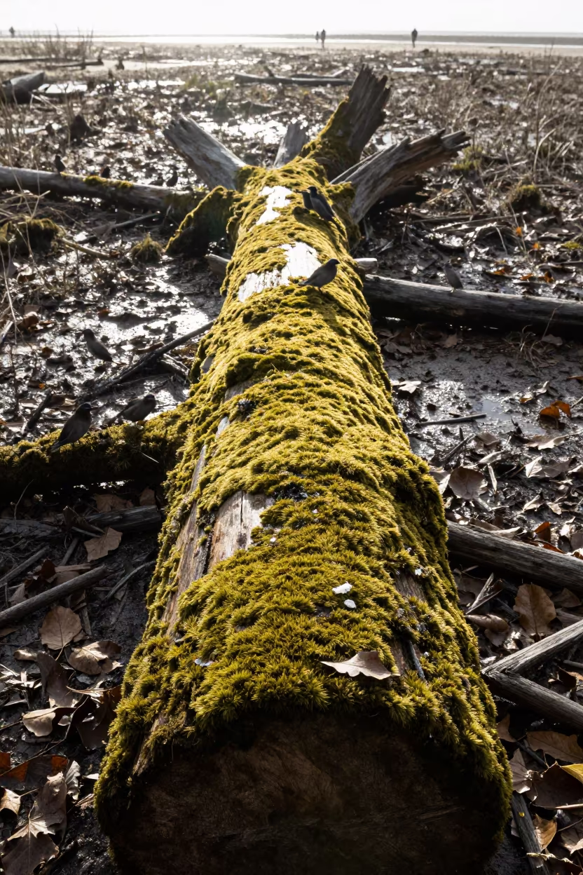 Moss-Covered Log on Tripoli Floodplain in across a floodplain after rain near Tripoli