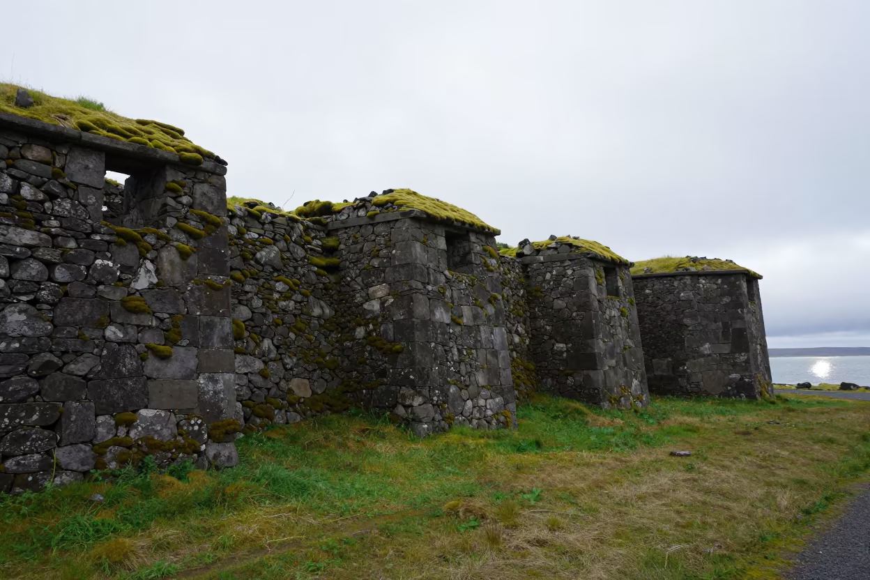 Moss Covered Ruin Wall in Iceland Nave in inside a roofless nave in Iceland