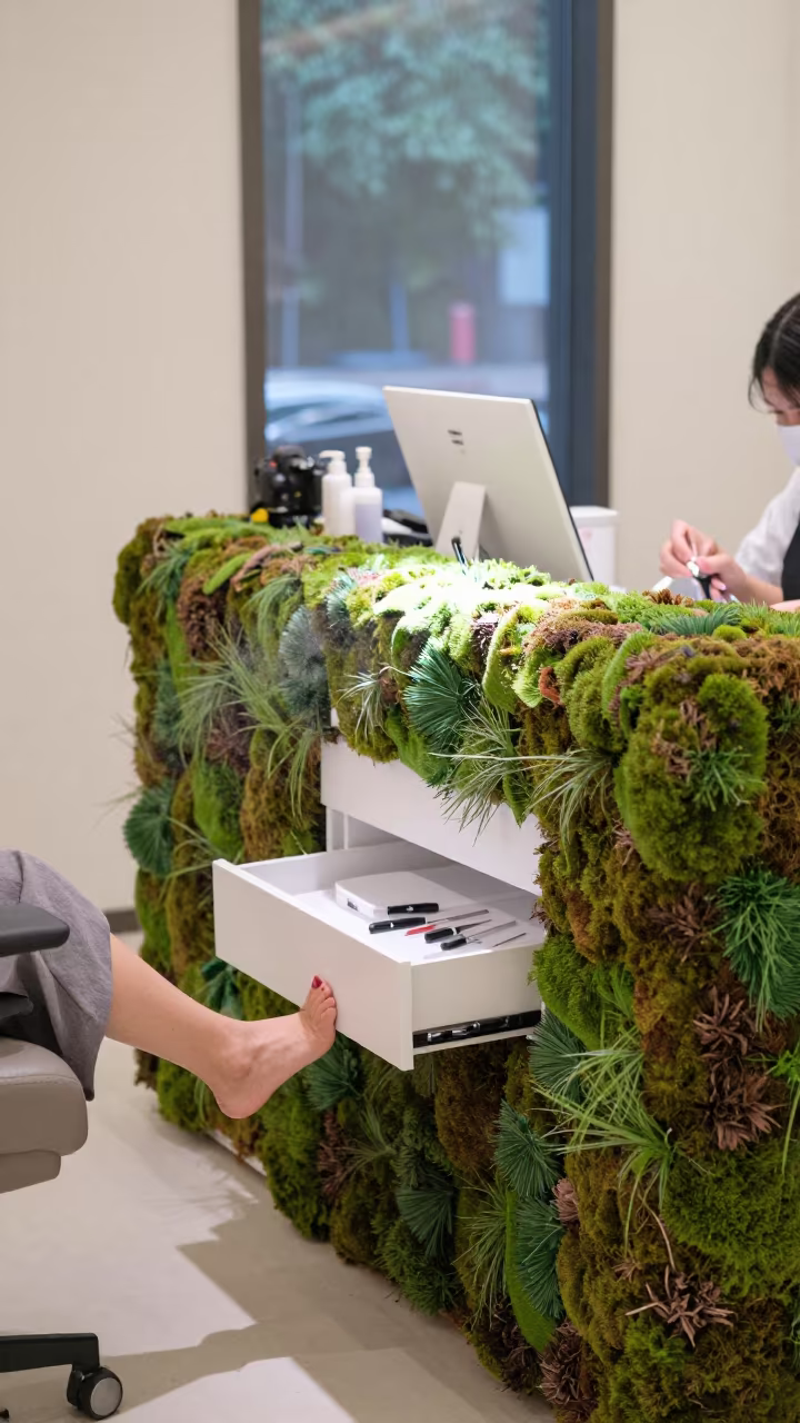 Moss Covered Salon Pedicure Drawer Under Light in at a salon reception counter near Shenzhen