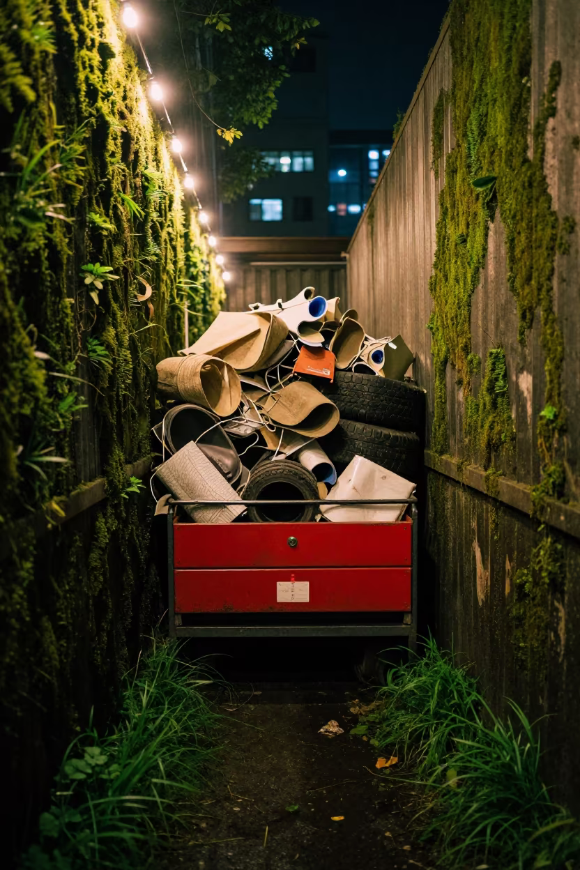 Moss Covered Shuttle Trailer Red Tag Drawer in Konya Warehouse in inside a warehouse aisle in Konya