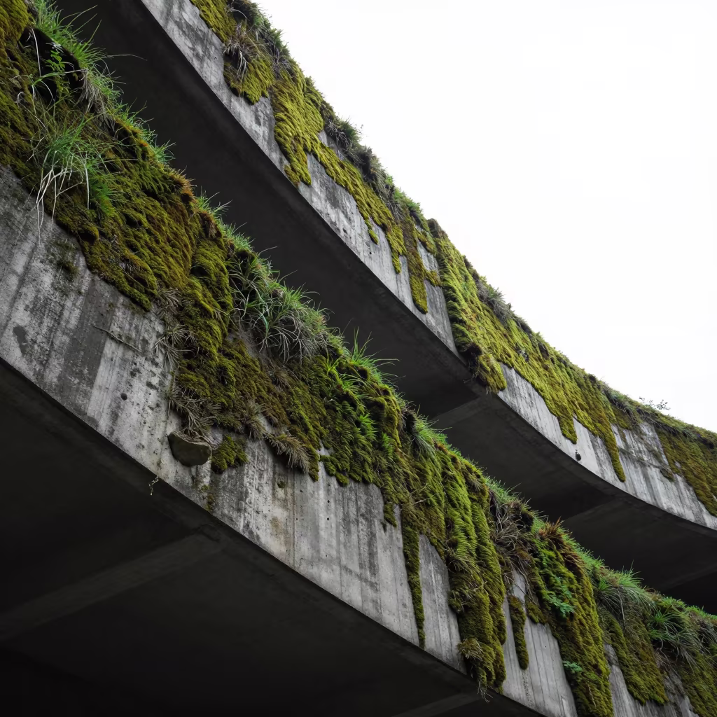 Moss Covered Spiral Ramp in Fuzhou Skylight in inside a skylit passageway in Fuzhou