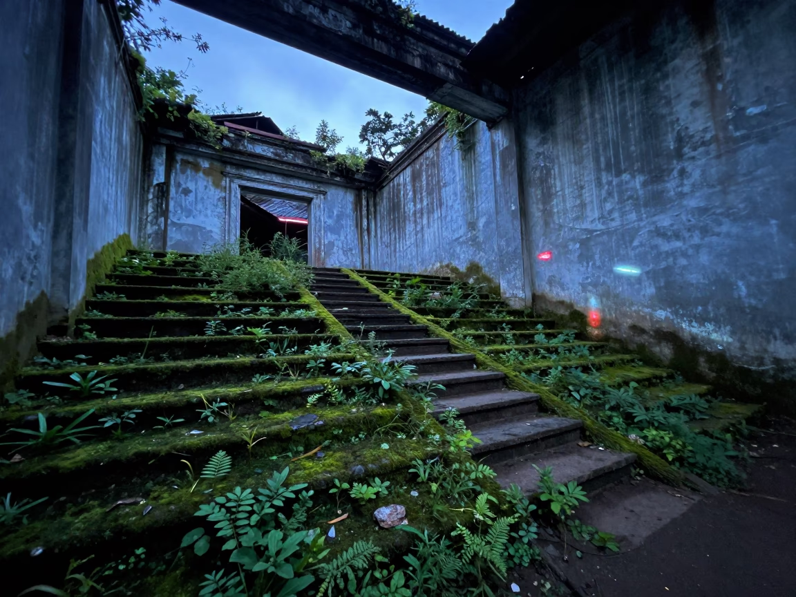 Moss Covered Staircase in Chittagong Ruin Hall in inside a stair hall open to the weather near Chittagong