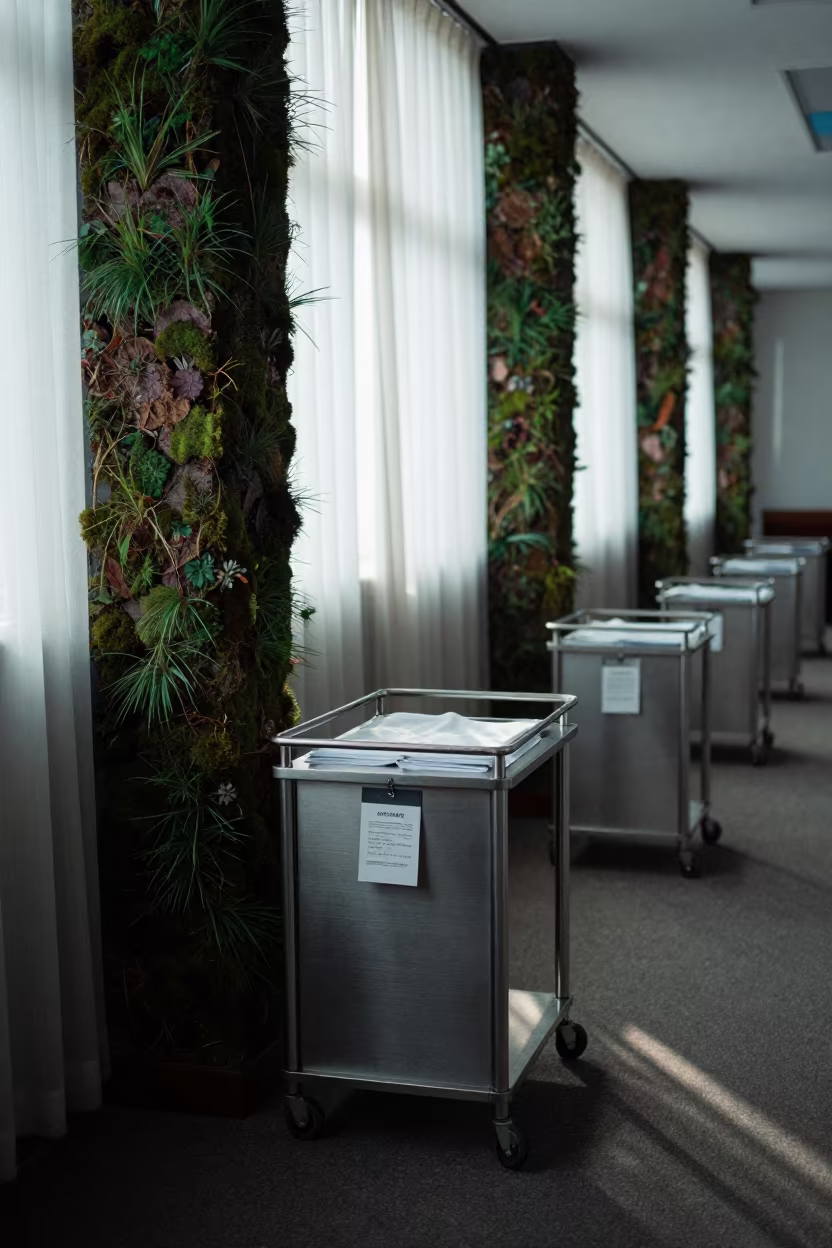 Moss-Covered Water Trolley in Guangzhou Hall in inside a banquet hall before service in Guangzhou