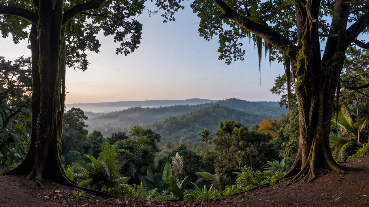 Moss Curtains Drape Ridge Above Bangkok Foothills in from a ridge above layered foothills near Bangkok