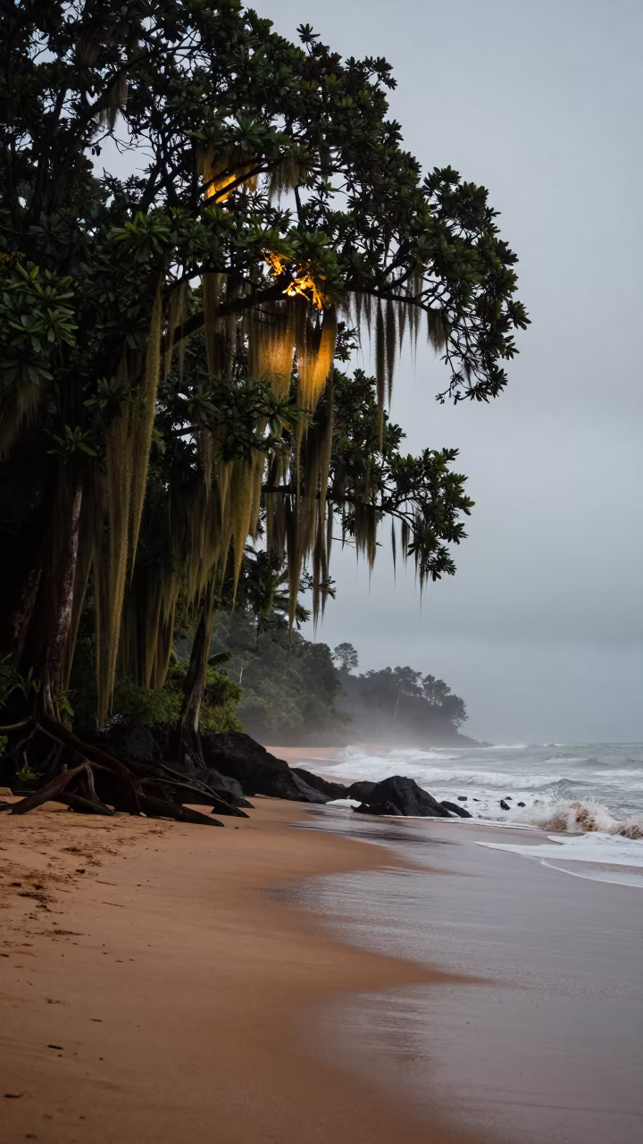 Moss Curtains on Sri Lankan Shoreline at Dawn in along a wave-cut shoreline in Sri Lanka