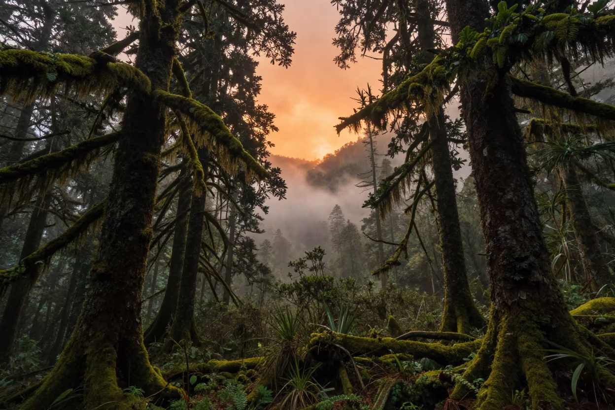 Moss Curtains in Yunnan Valley at Sunset in across a wide valley floor in Yunnan