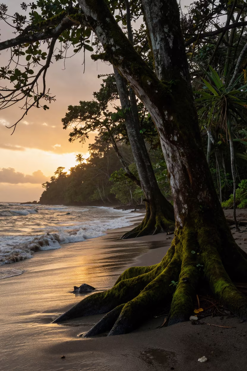 Moss-Draped Rainforest Shoreline at Golden Hour in along a wave-cut shoreline near Havana