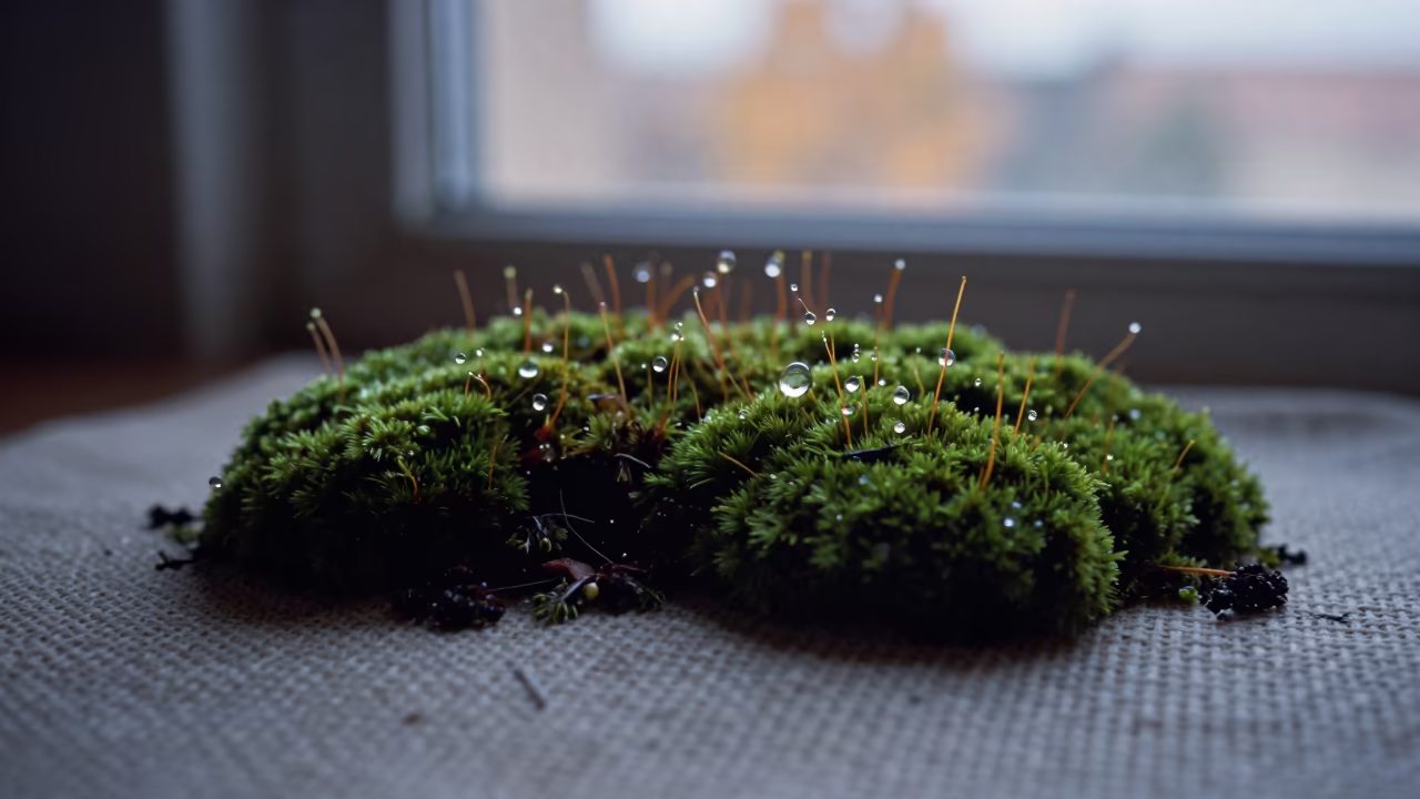 Moss Drops on Linen at Dawn in against woven linen fibers in Al Diwaniyah