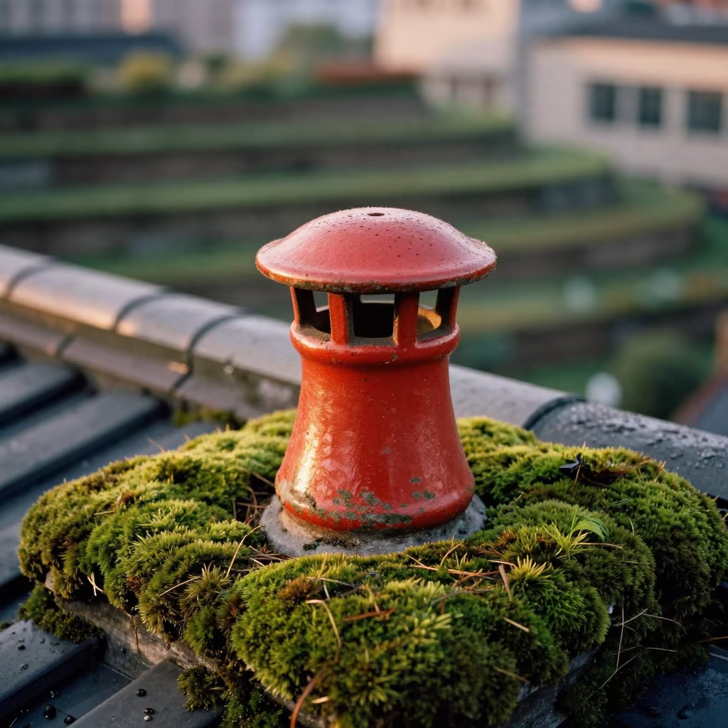 Moss Filled Ceramic Chimney Pot Rooftop in among terraced garden plots near Shanghai