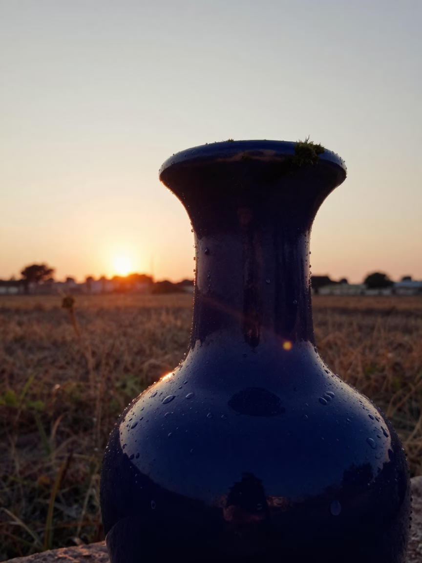 Moss-Filled Chimney Pot in Indigo Twilight in in a bloom-heavy meadow near Béjaïa