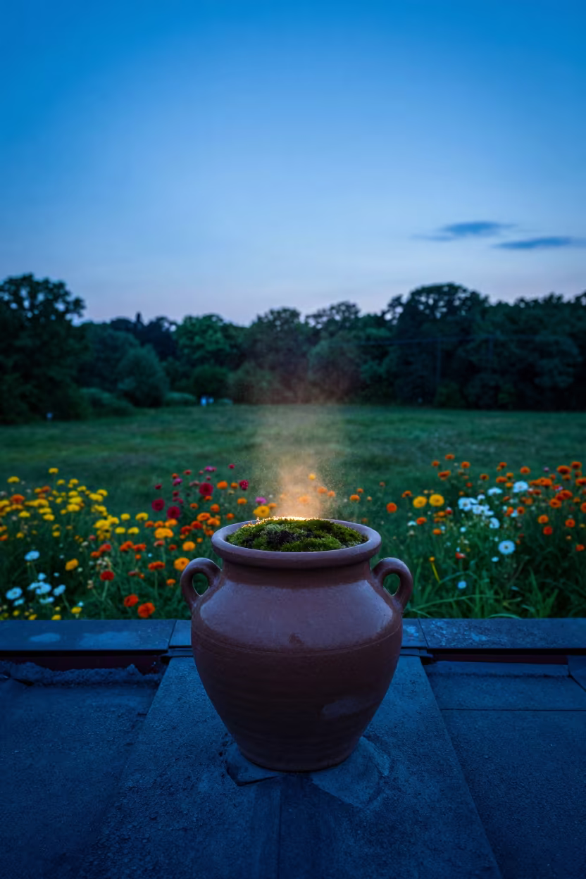 Moss Filled Chimney Pot Silhouette Evening Meadow in in a bloom-heavy meadow in Maryland