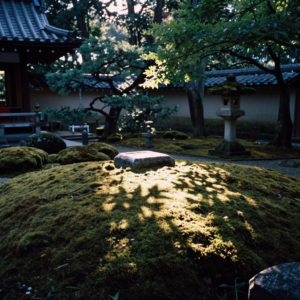 Moss garden and leaf shadows in quiet Kyoto temple grounds before sunrise in in Kyoto, Japan