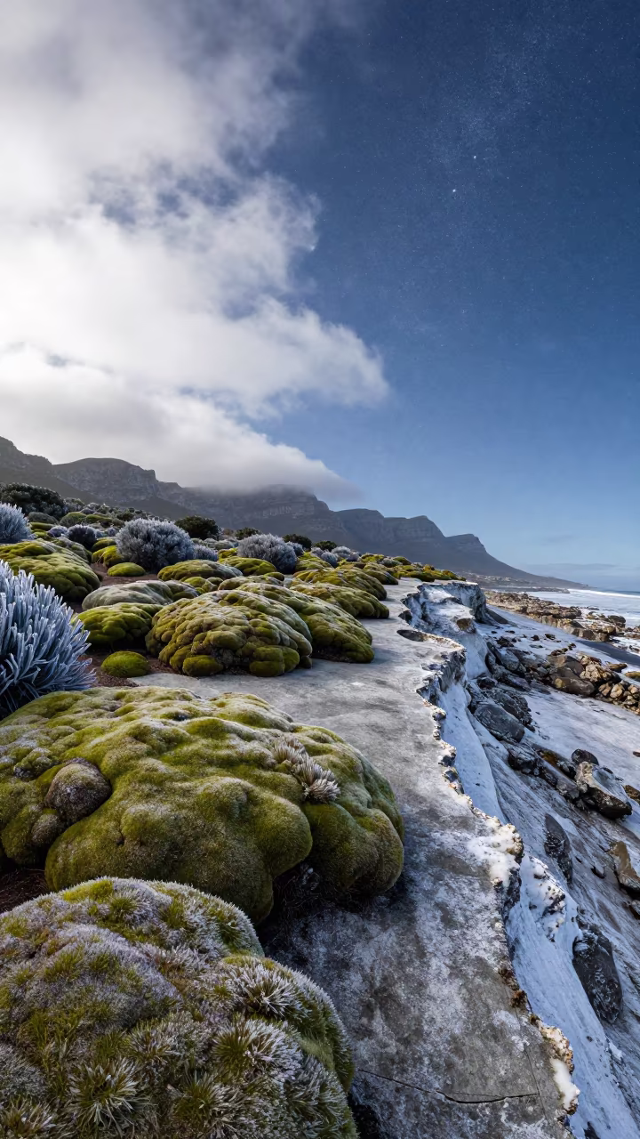 Moss Garden Cliff Edge Sky Transition Day Night in along a salt-sprayed cliff edge near Pietermaritzburg