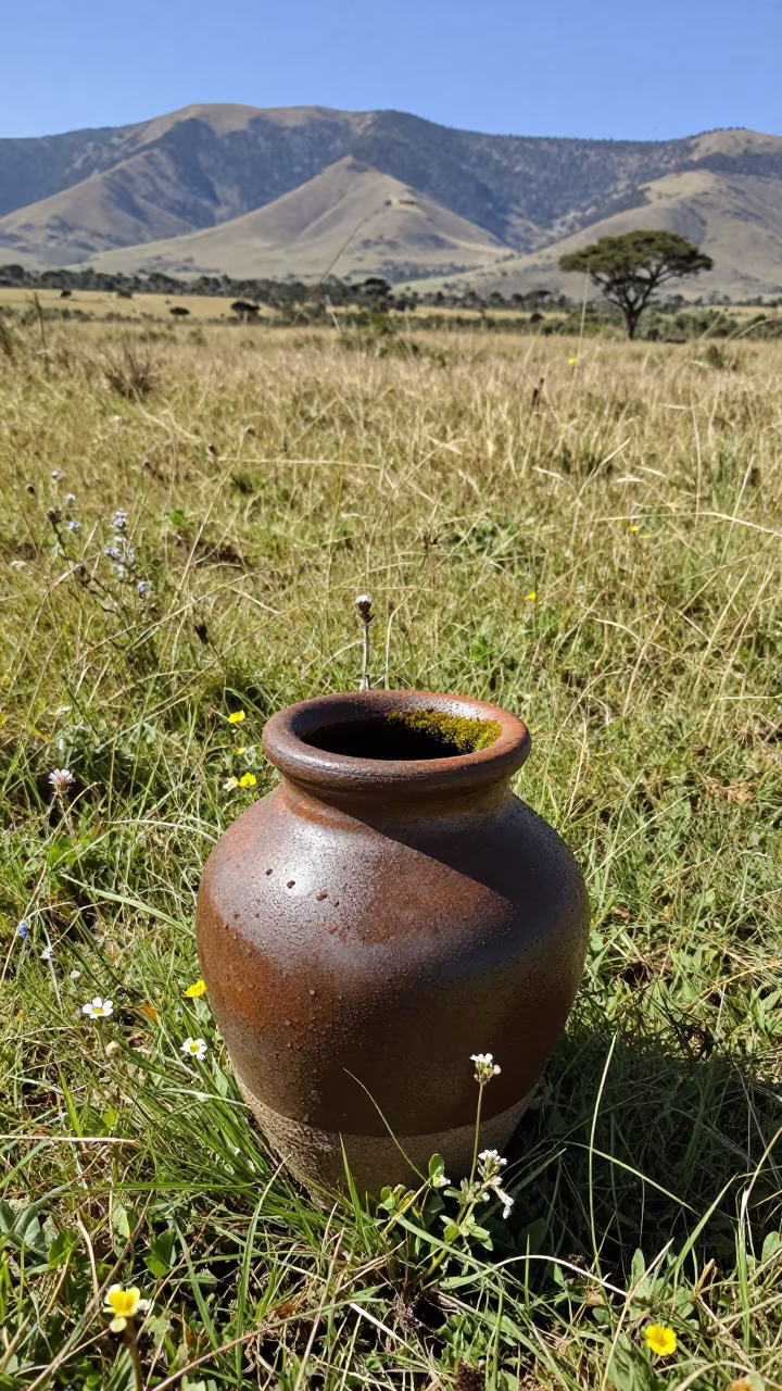 Moss-Grown Ceramic Chimney Pot in Kenyan Meadow in in a bloom-heavy meadow in Kenya