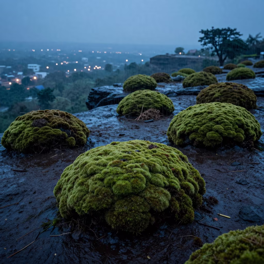 Moss Mounds on Madhya Pradesh Cliff Edge in along a salt-sprayed cliff edge in Madhya Pradesh