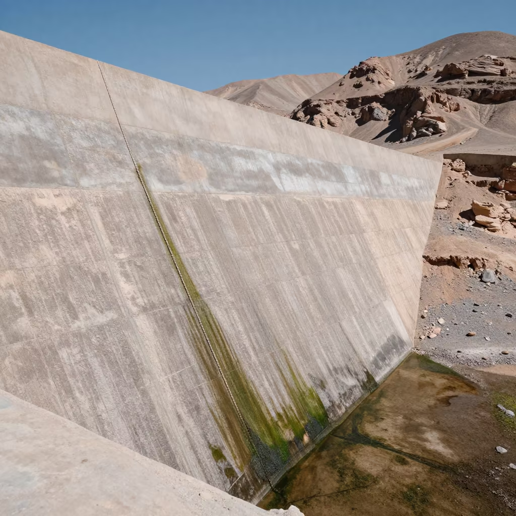 Moss and Rope Marks on Gobi Dam Wall in along a dam spillway in the Gobi Desert