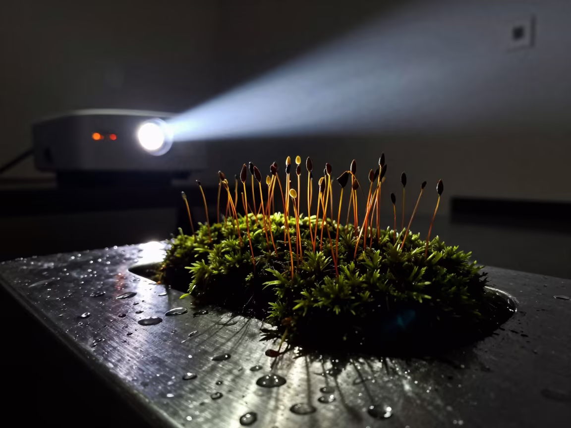 Moss Spores on Rainy Metal in Night Projector Glow in across a rain-beaded metal surface near Sanaa