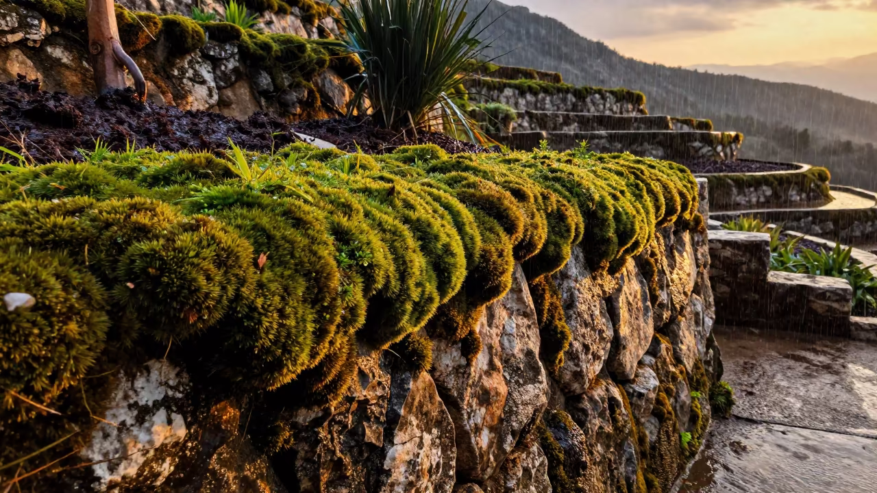 Moss on Stone Wall Dalmatian Coast Garden in among terraced garden plots in the Dalmatian Coast