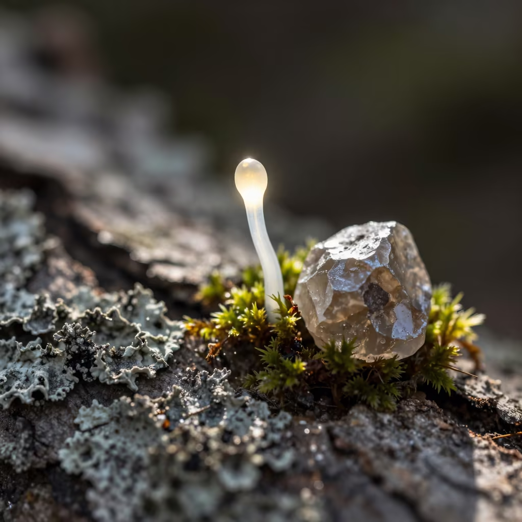 Moss Tip and Mineral Sparkle on Lichen Bark in on lichen-covered bark in Pereira