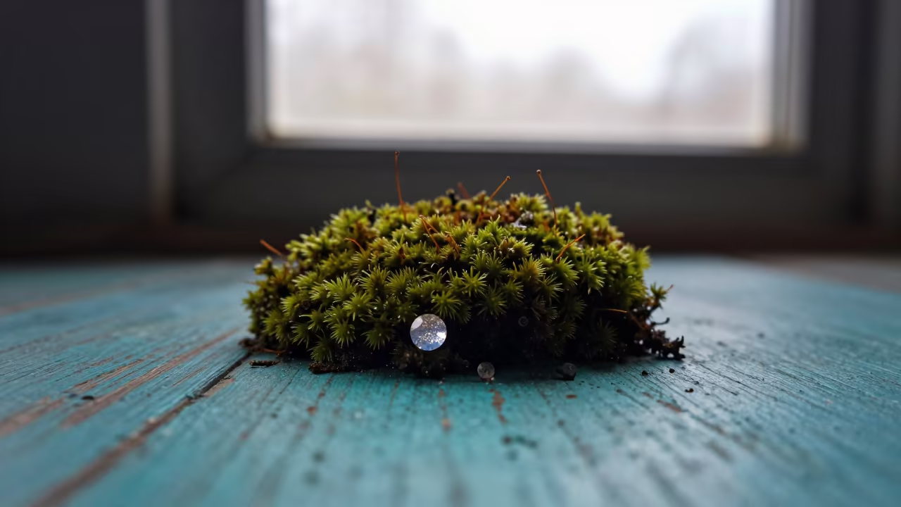 Moss Tip and Mineral Sparkle on Turquoise Paint in against weathered turquoise paint in Arequipa