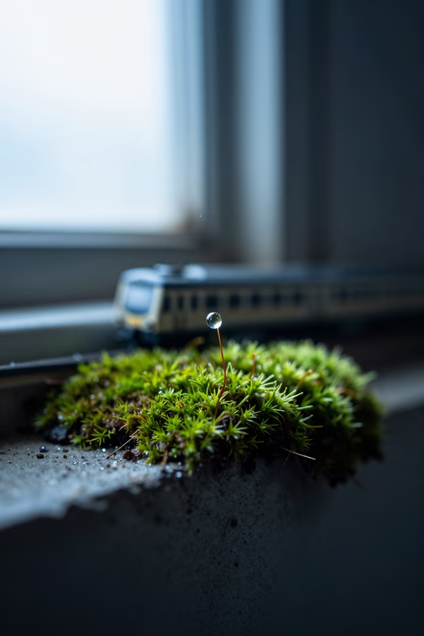 Moss Tip and Train Car in Maputo Studio in on dew-soaked moss near Maputo
