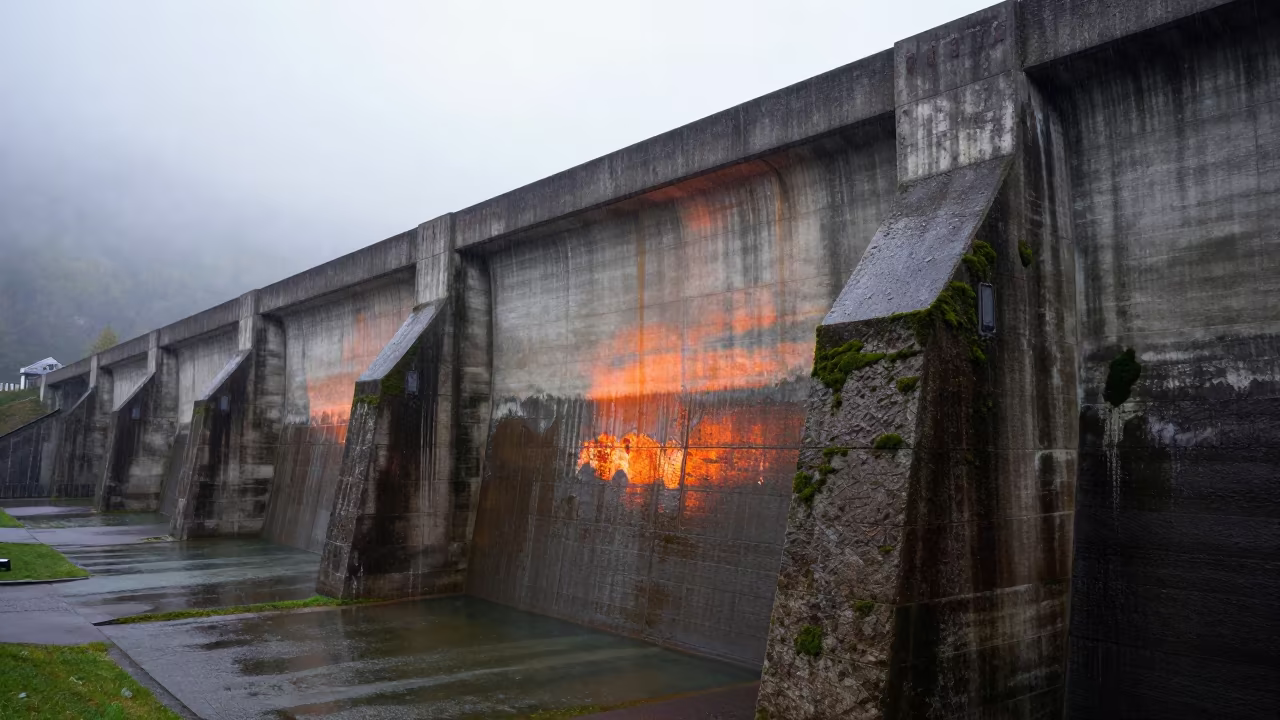 Mossy Aqueduct Parapet in Austrian Evening Light in along a dam spillway in Austria