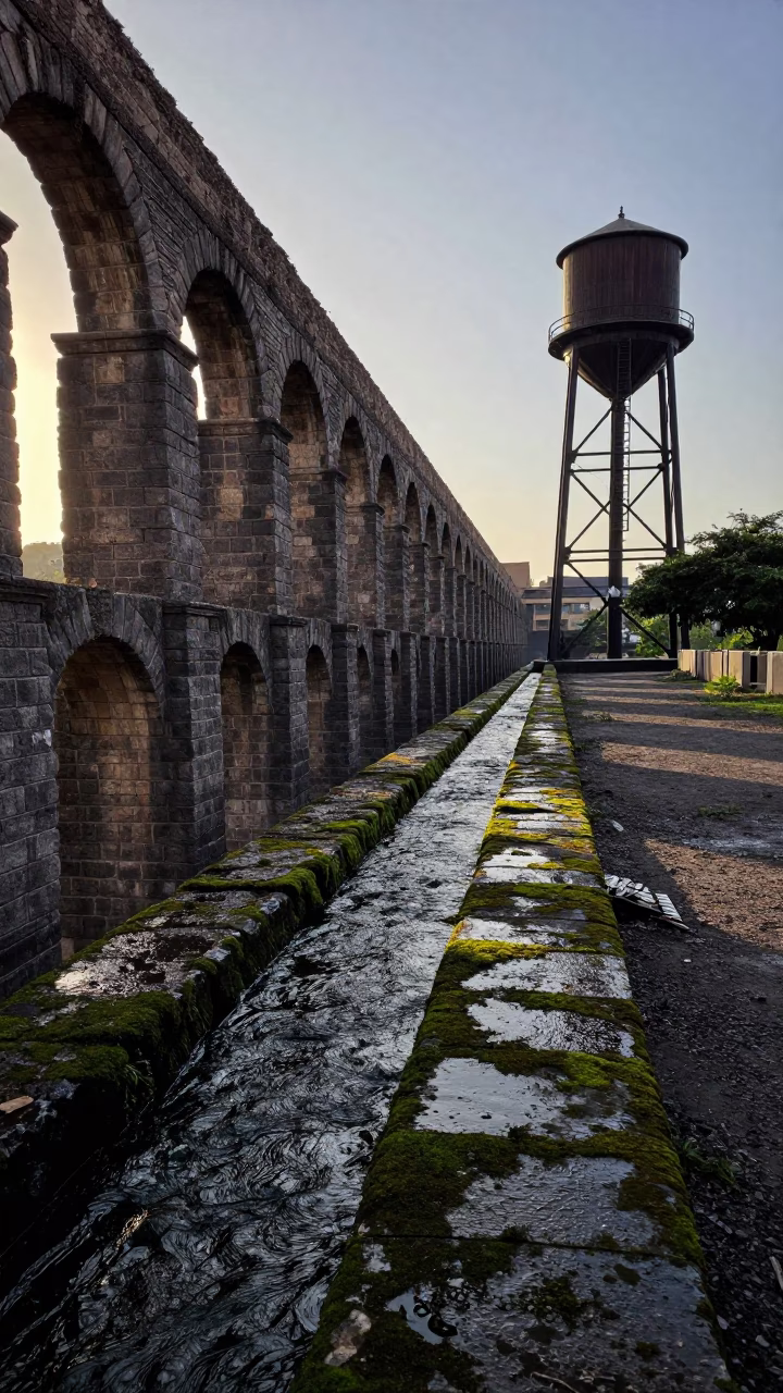 Mossy Aqueduct Parapet in Axum Twilight in beside a water tower ladder in Axum