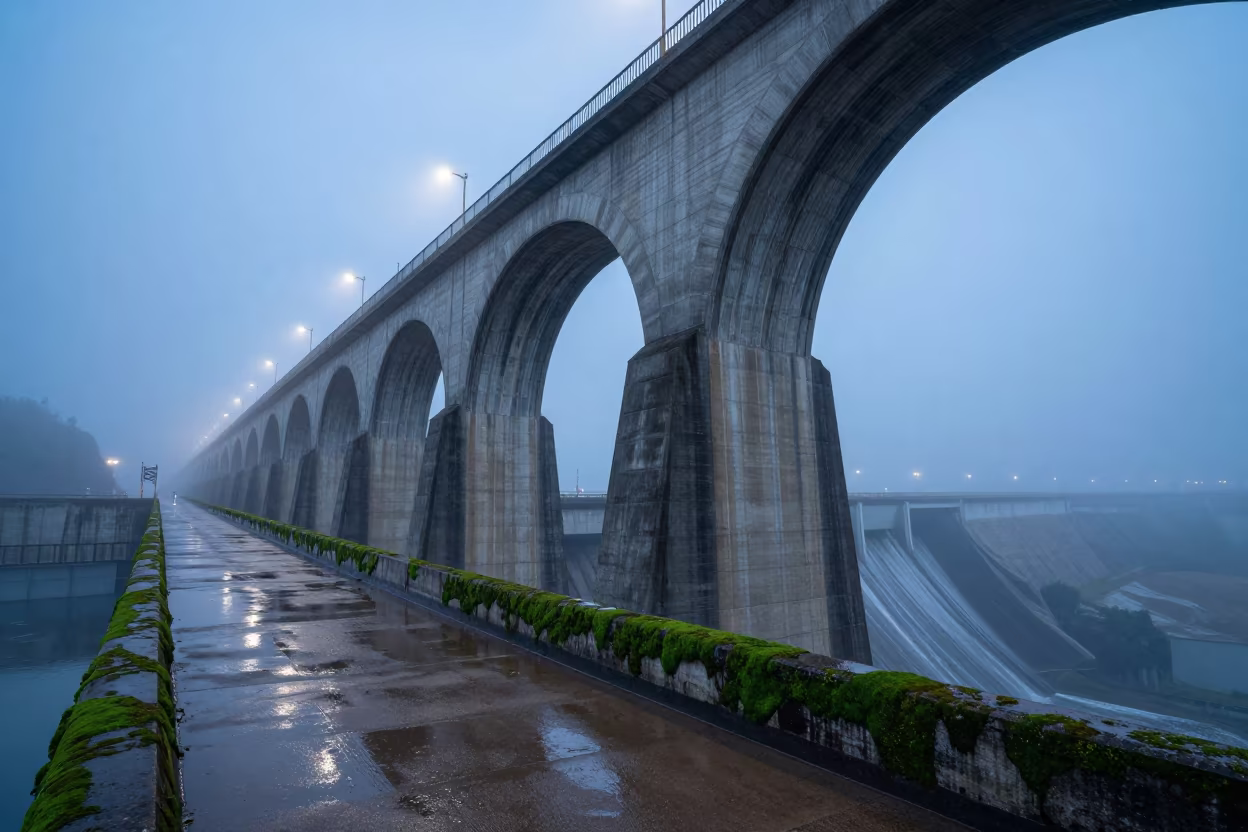 Mossy Aqueduct Parapet at Tijuana Twilight Mist in along a dam spillway near Tijuana