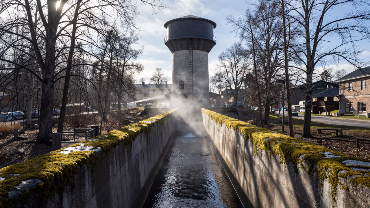 Mossy Aqueduct Parapet in Winter Dappled Light in beside a water tower ladder near Jyväskylä