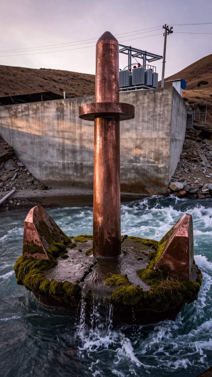 Mossy Concrete Anchor Block in Tibetan Dusk in along concrete walls above turbulent water in Tibet