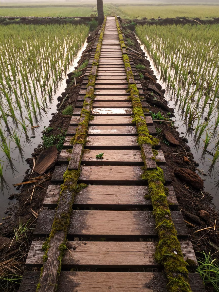 Mossy Footbridge Over Monsoon Rice Paddy in Goa in across a harvested grain field in Goa