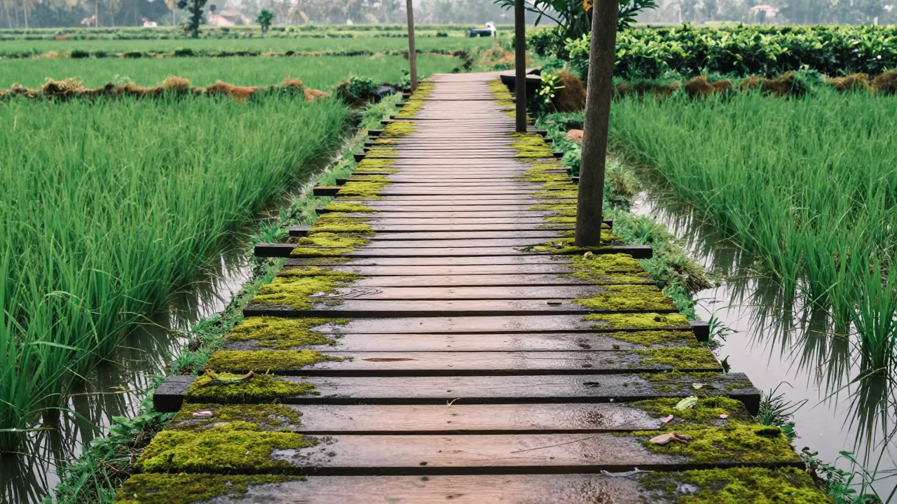 Mossy Footbridge Over Monsoon Rice Paddy in Goa in at the edge of a tea plantation in Goa