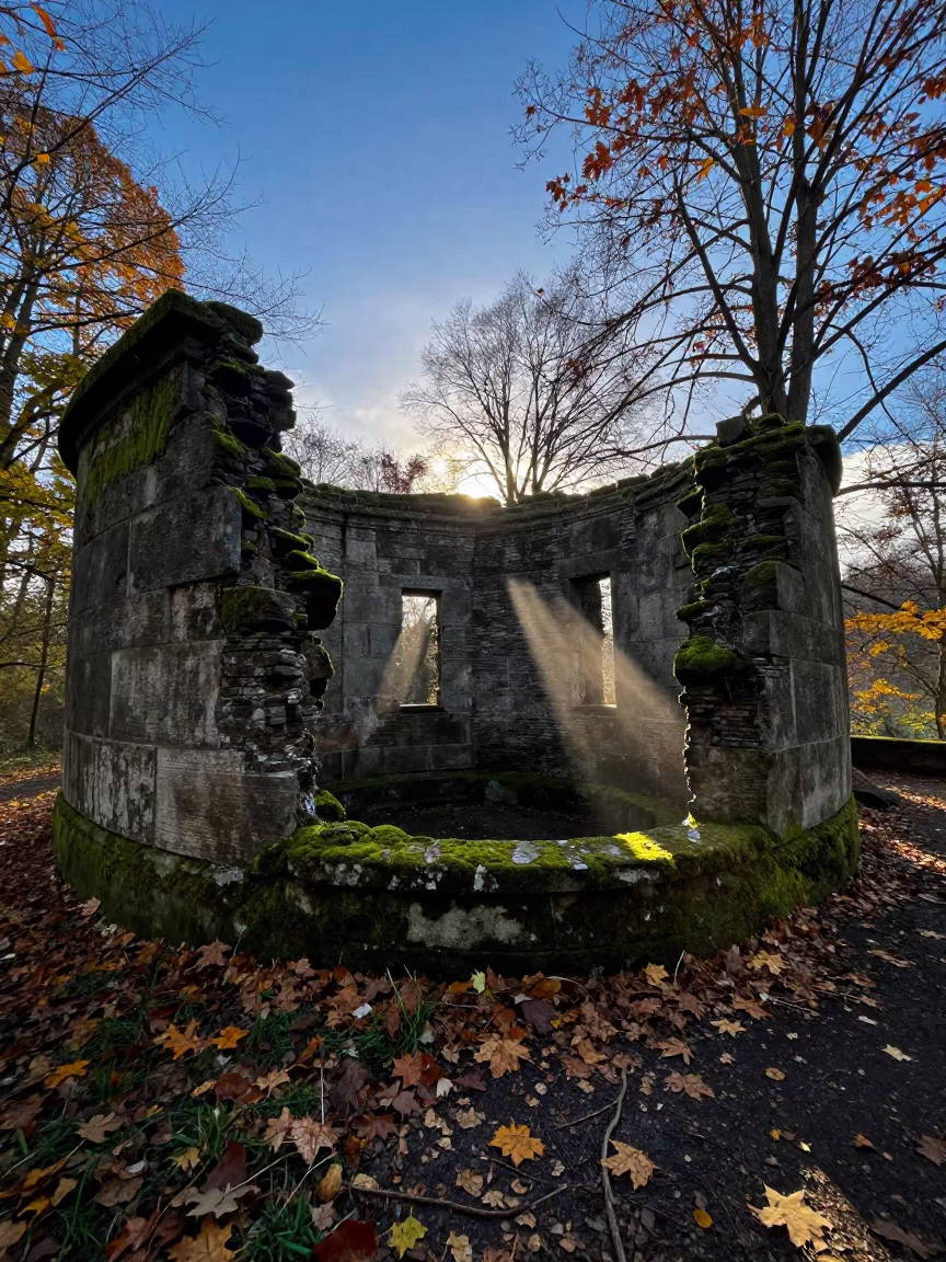 Mossy Hammam Wall at Blue Hour Luxembourg in inside a roofless hammam in Luxembourg