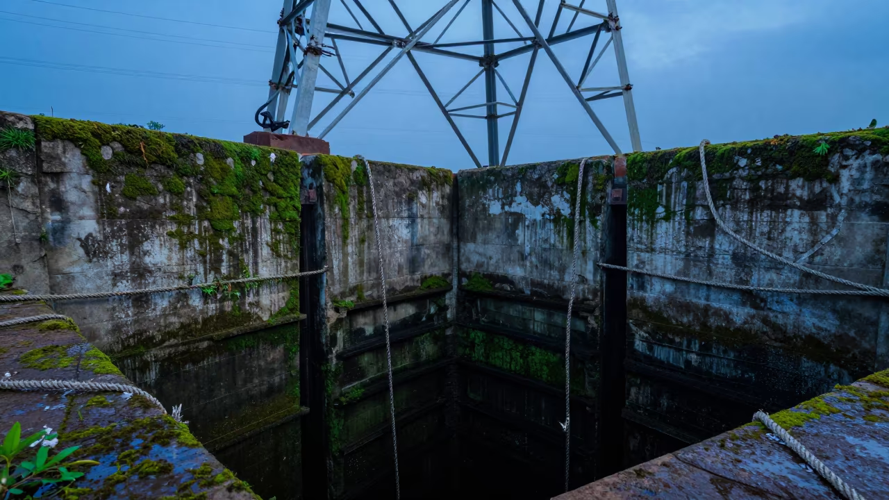 Mossy Lock Wall Under Ghana Towers Twilight in beneath transmission towers in Ghana