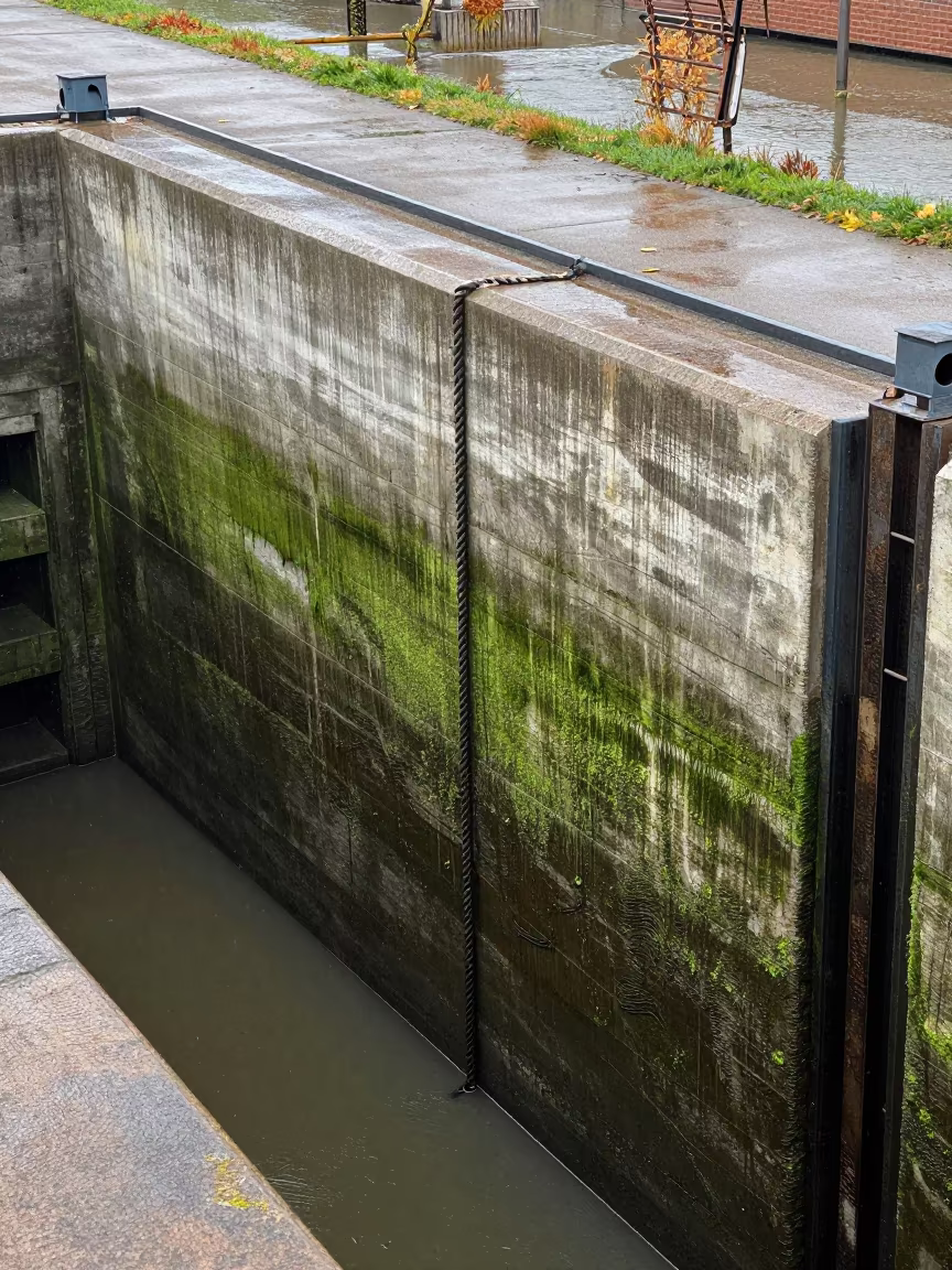 Mossy Lock Wall Wet Rope Marks Levee in along a levee path above floodwater near Rotterdam