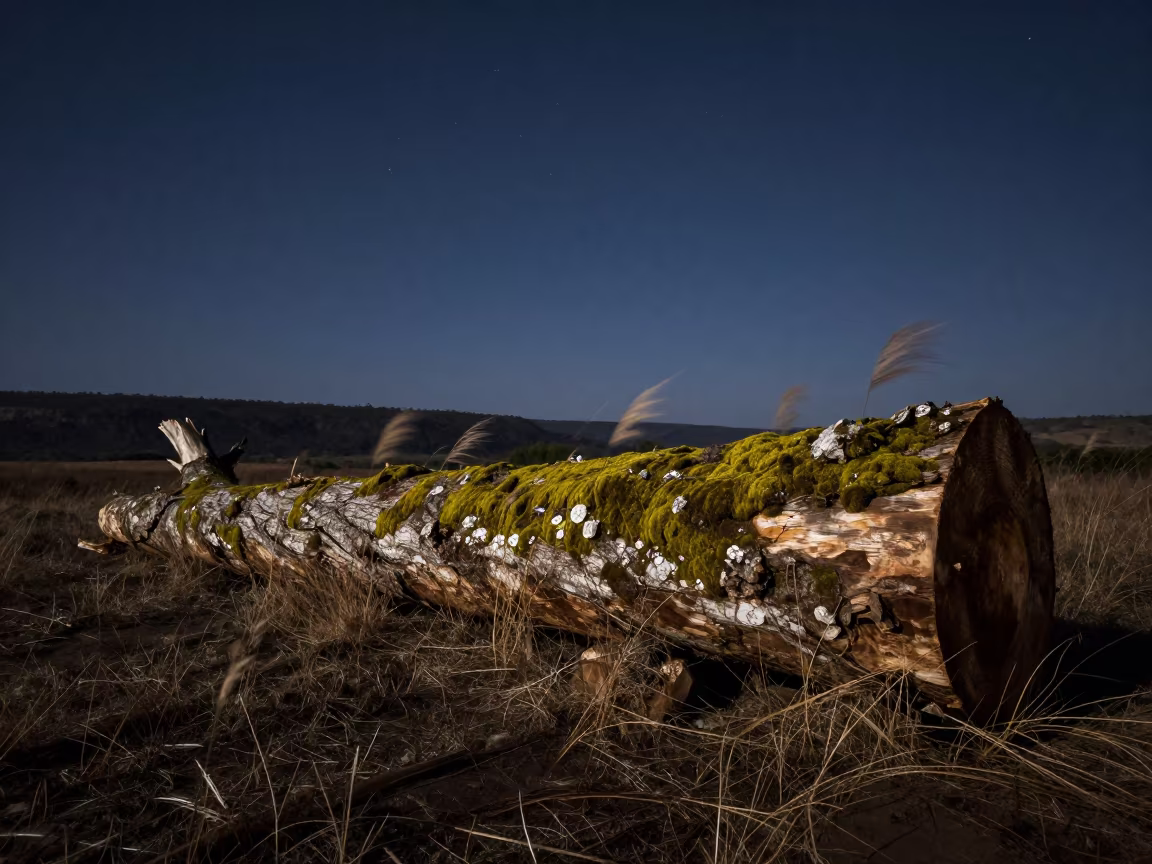 Mossy Log Under Stars in Nigerian Valley in across a wide valley floor in Nigeria