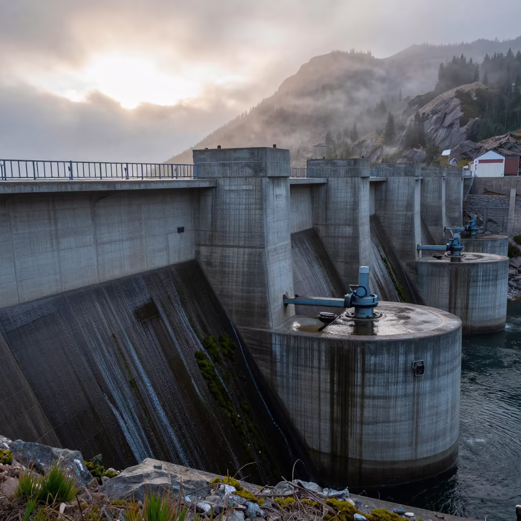 Mossy Penstock Anchor Block Before Sunrise in along a dam spillway in Colorado