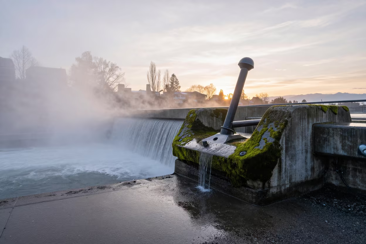 Mossy Penstock Anchor Block at Sunset in Yaletown in above a spillway chute with spray rising in Yaletown, Vancouver