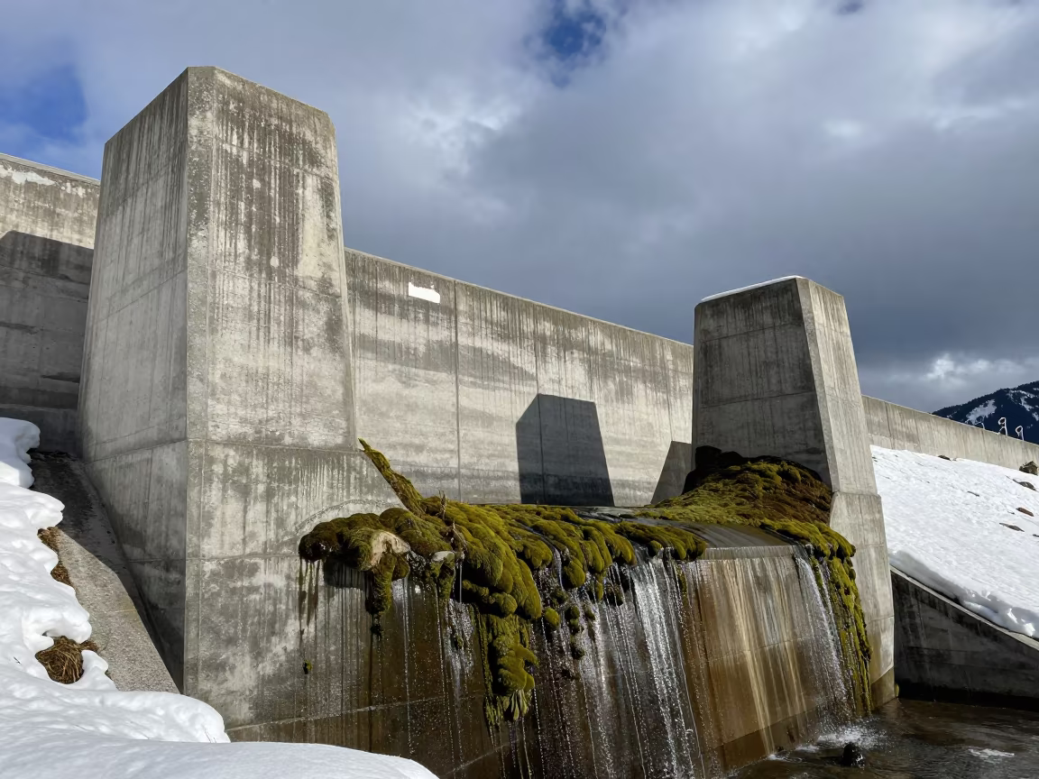 Mossy Penstock Anchor Block in Winter Light in beside a hydroelectric intake near Innsbruck