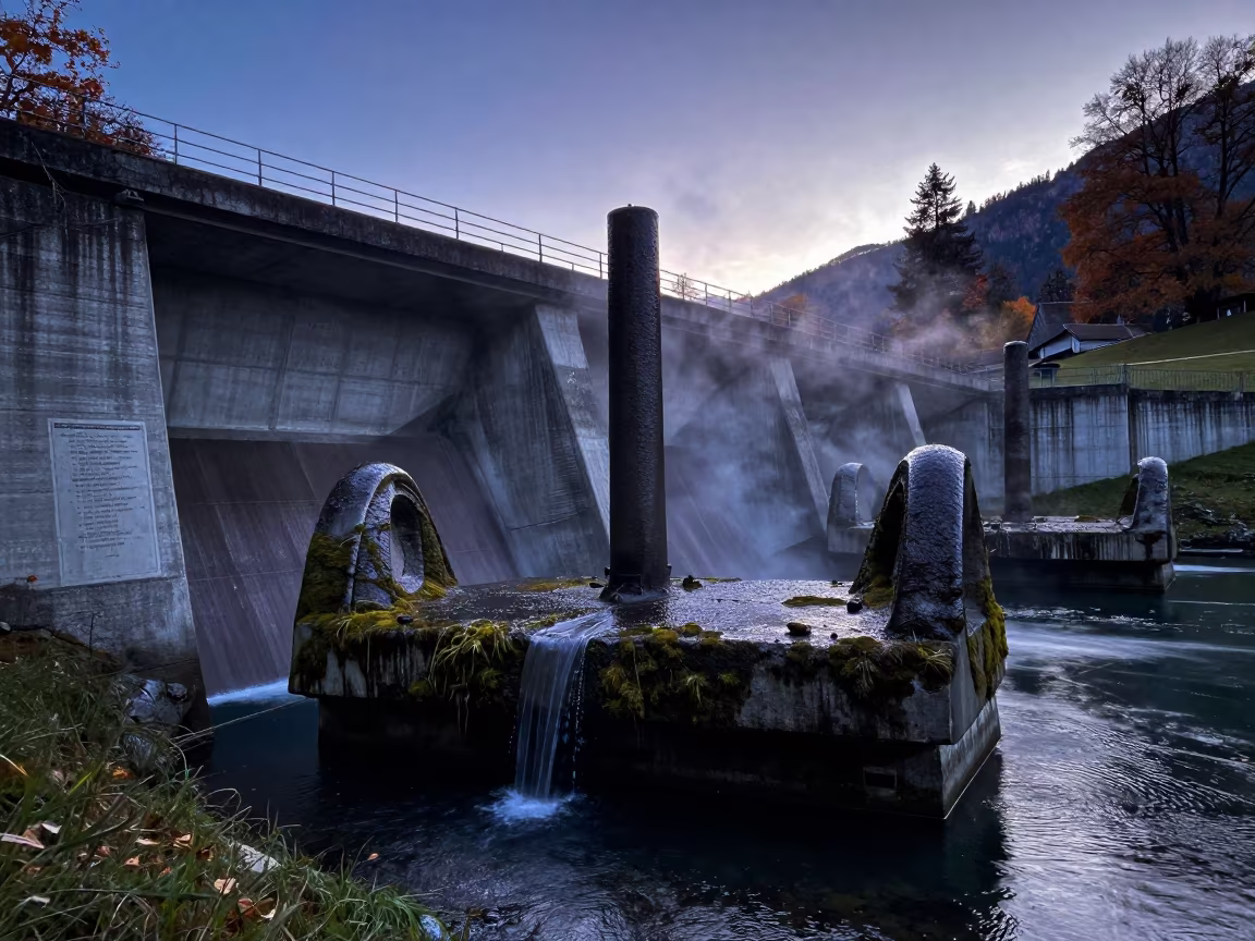 Mossy Penstock Anchor in Swiss Twilight in above a spillway chute with spray rising in Switzerland