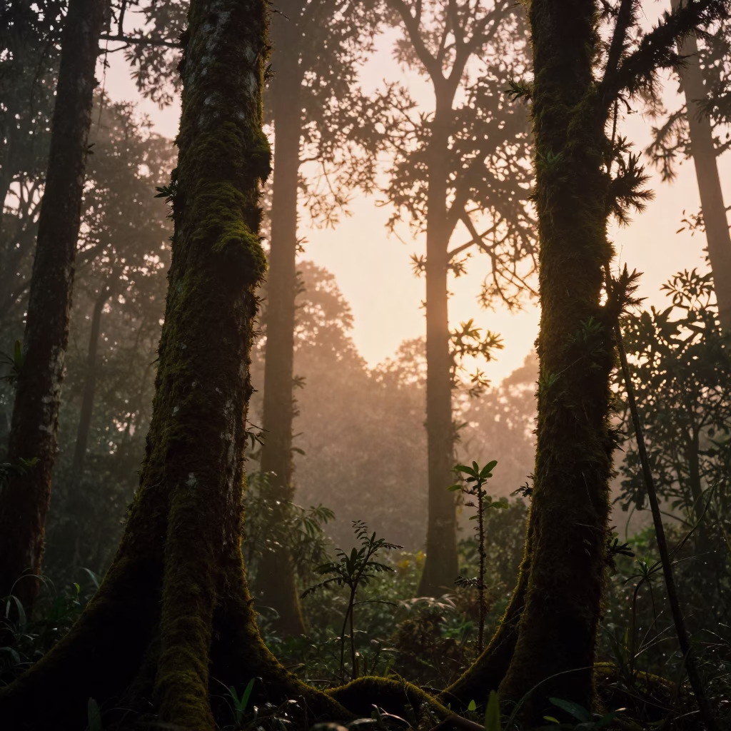 Mossy Rainforest Silhouette Bali Evening Fog in in Bali