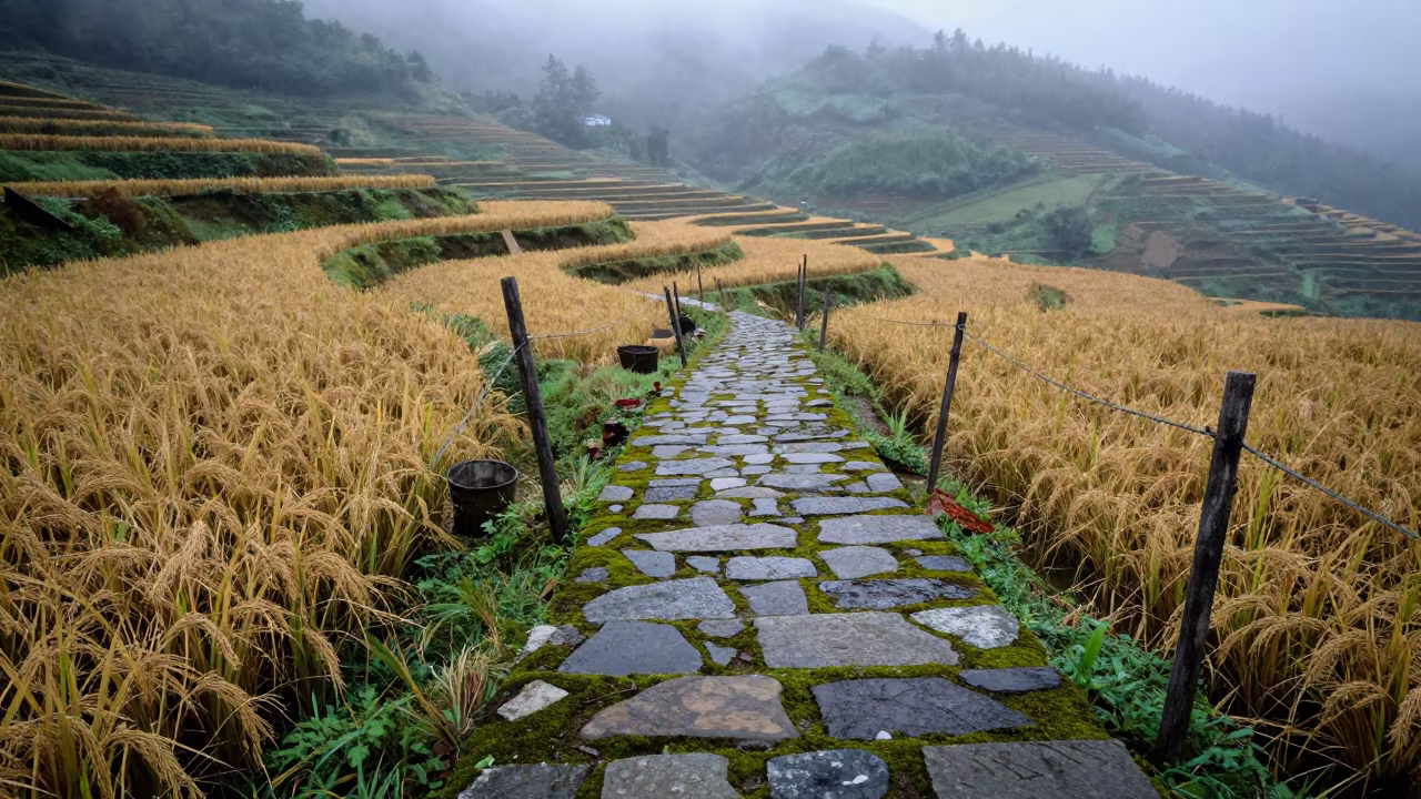 Mossy Rice Terrace Path Before Dawn in across a harvested grain field in Thao Dien, Ho Chi Minh City