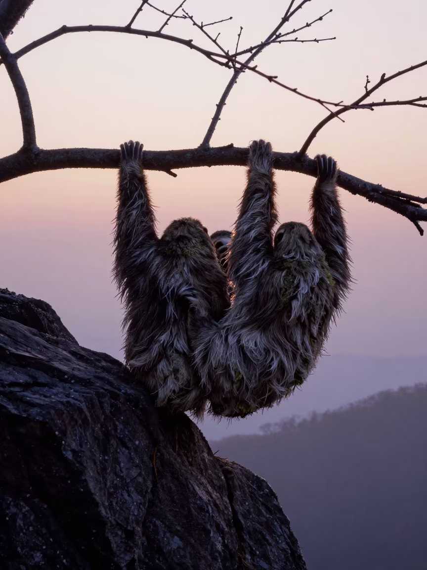 Mossy Sloth on Wind-Scoured Korean Ridge at Dawn in on a wind-scoured ridge in South Korea