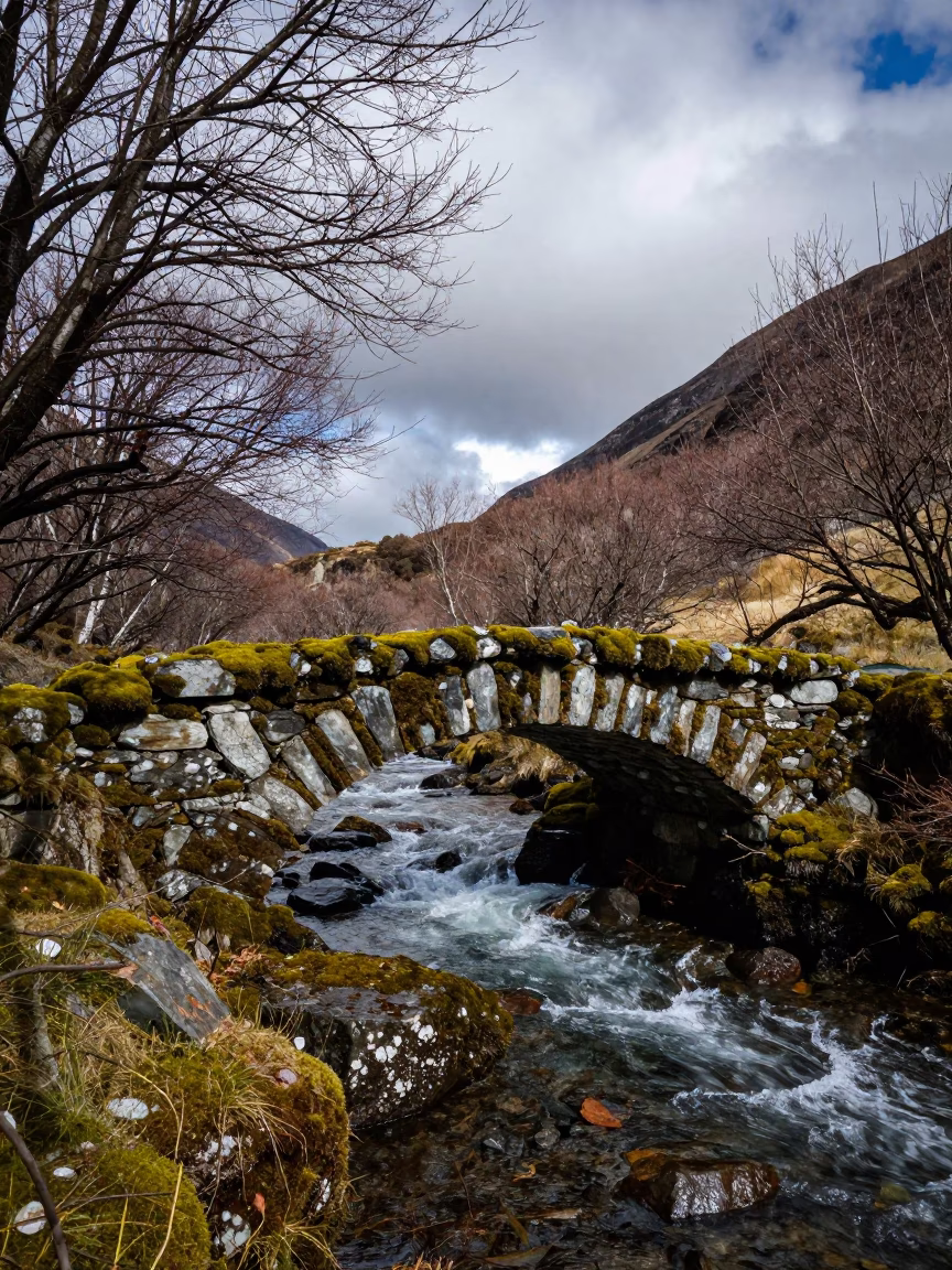 Mossy Stone Bridge Over Patagonian Stream in in Patagonia