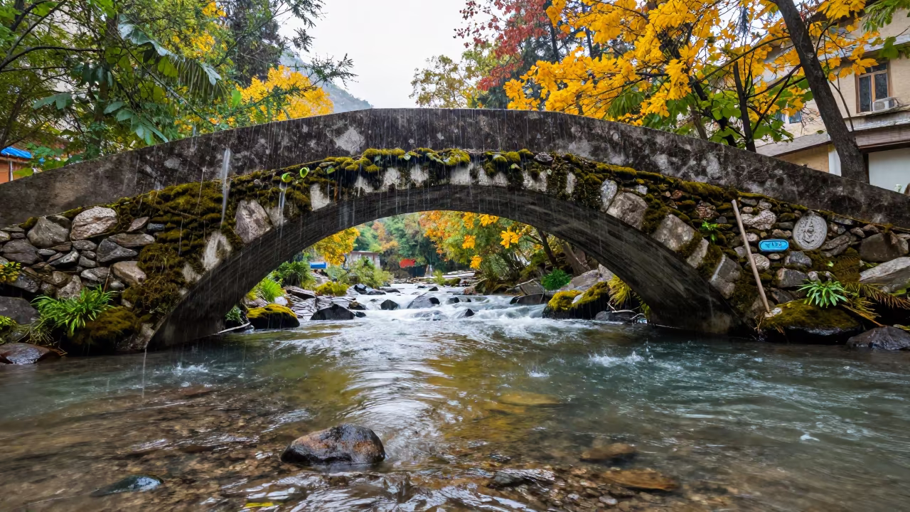 Mossy Stone Bridge Over Upward Rain Stream in near Bishkek
