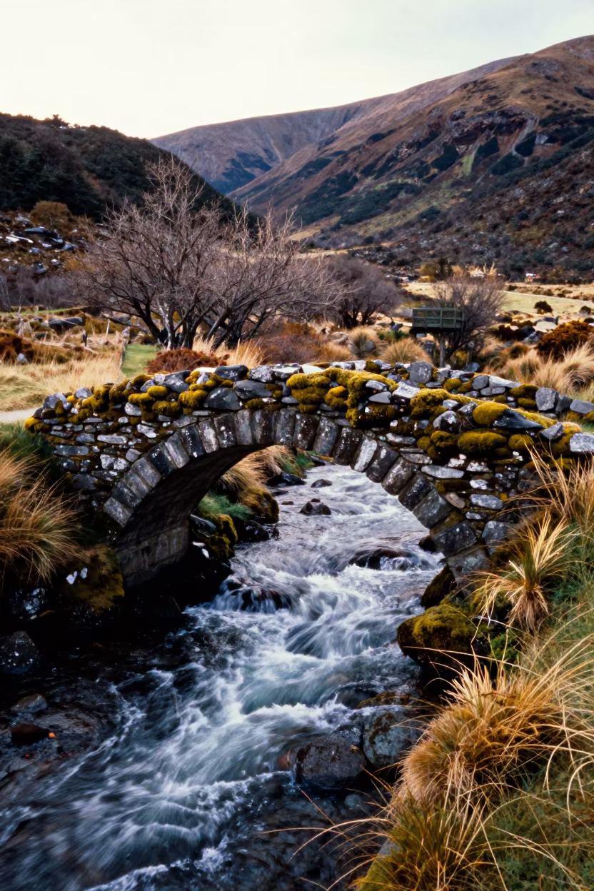 Mossy Stone Bridge Over Patagonian Stream in in Patagonia