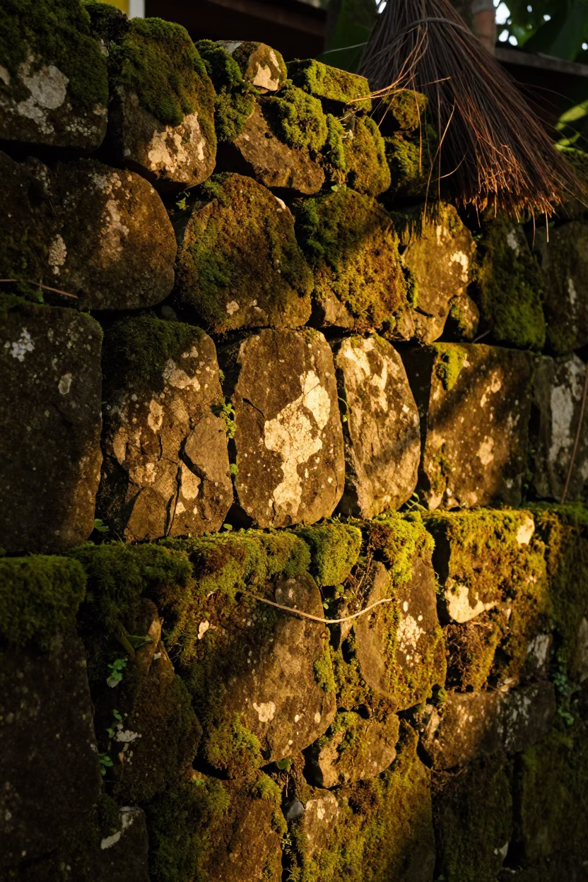 Mossy Stone Wall and Broom in Chiang Mai Evening Light in in Chiang Mai, Thailand